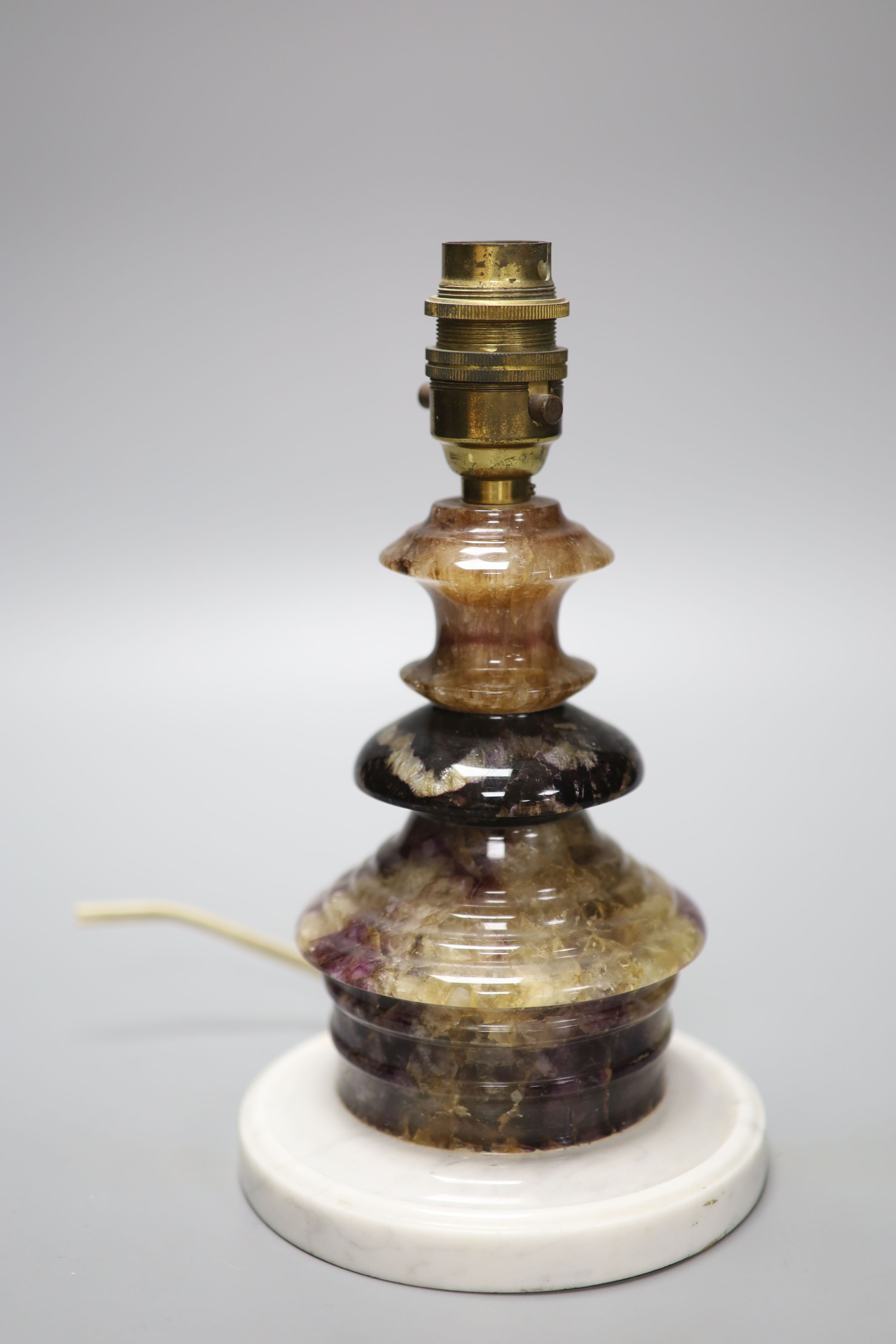 A turned sectional Blue John desk lamp, on turned grey marble base, height 22cm